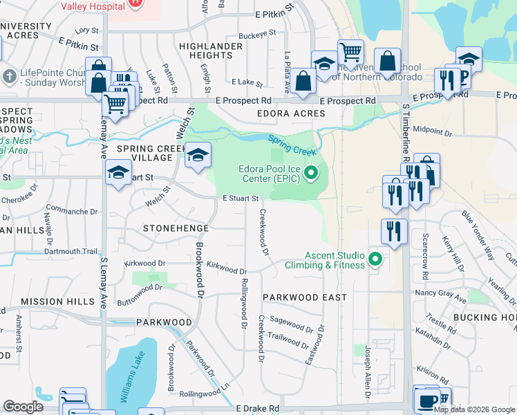 map of restaurants, bars, coffee shops, grocery stores, and more near 1819 Creekwood Drive in Fort Collins