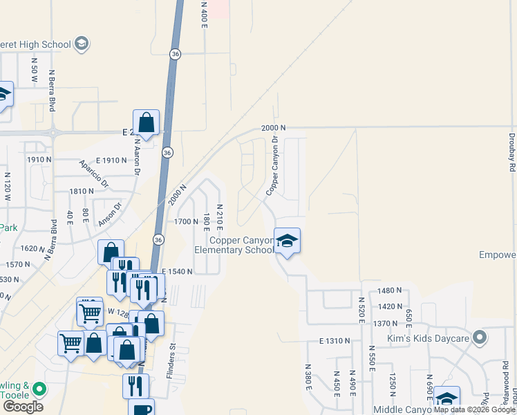 map of restaurants, bars, coffee shops, grocery stores, and more near 1717 Copper Street in Stockton