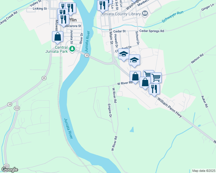 map of restaurants, bars, coffee shops, grocery stores, and more near 62 Empire Drive in Mifflintown