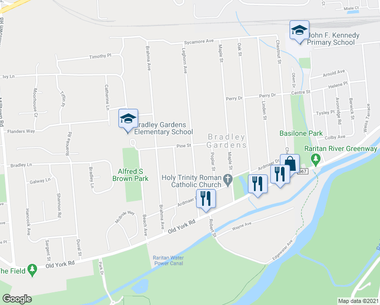 map of restaurants, bars, coffee shops, grocery stores, and more near 94 Leghorn Avenue in Bridgewater