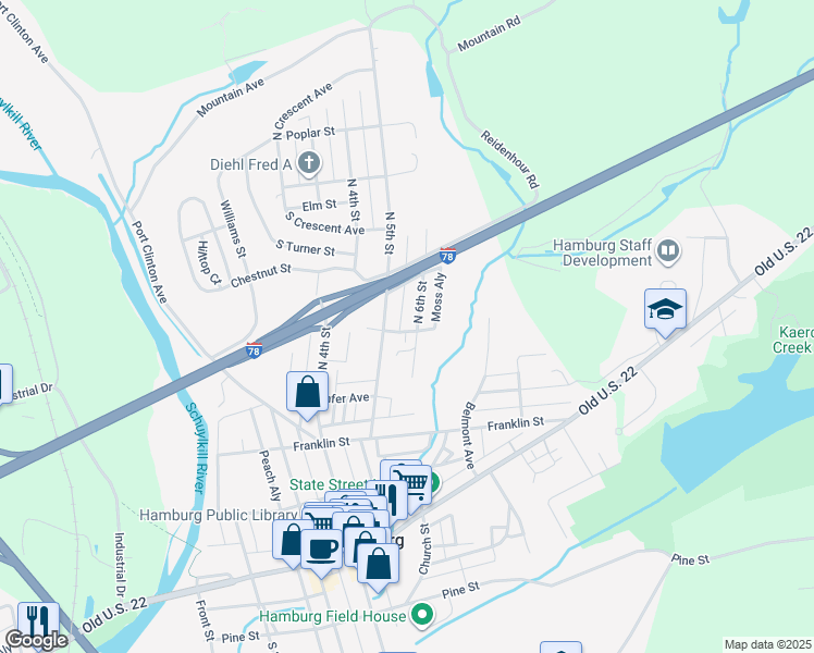 map of restaurants, bars, coffee shops, grocery stores, and more near 517 Ridge Avenue in Hamburg