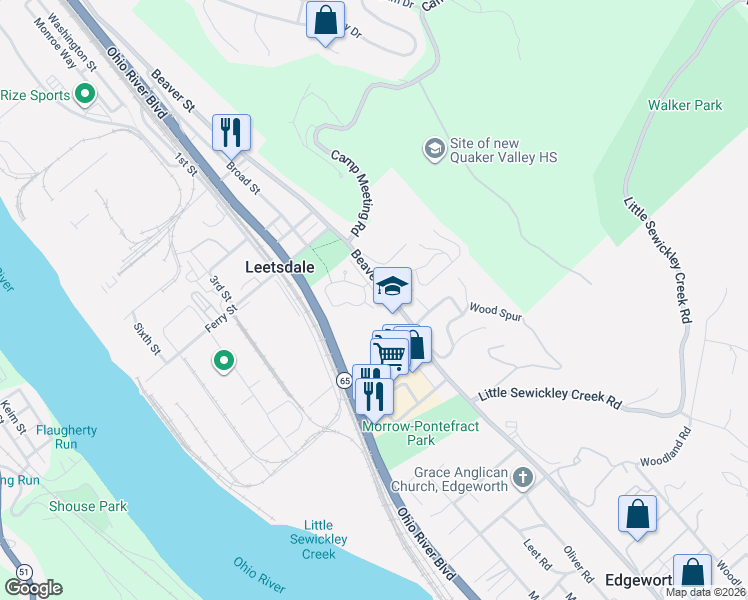 map of restaurants, bars, coffee shops, grocery stores, and more near 158 Victory Lane in Leetsdale