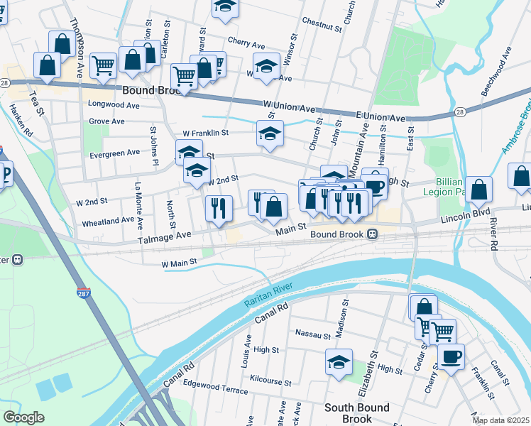 map of restaurants, bars, coffee shops, grocery stores, and more near 57 Talmage Avenue in Bound Brook