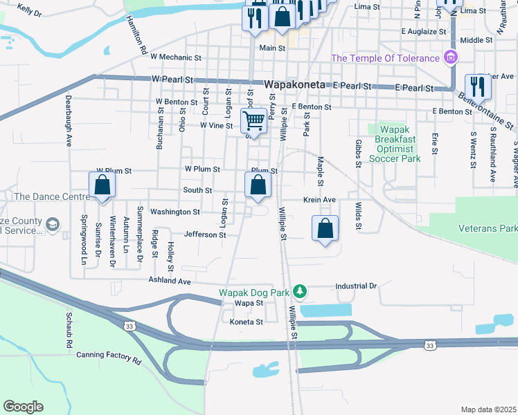 map of restaurants, bars, coffee shops, grocery stores, and more near 902 South Blackhoof Street in Wapakoneta
