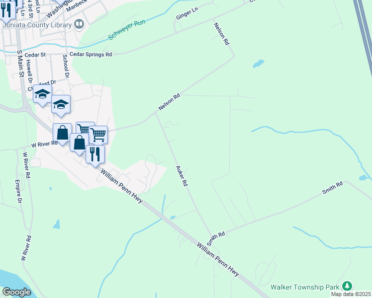 map of restaurants, bars, coffee shops, grocery stores, and more near 384 Auker Road in Mifflintown