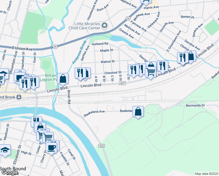 map of restaurants, bars, coffee shops, grocery stores, and more near 150 South Lincoln Avenue in Middlesex
