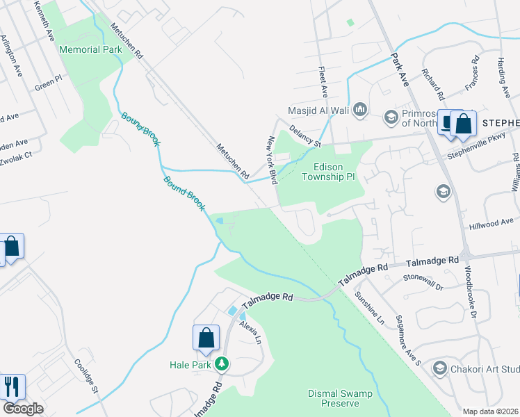 map of restaurants, bars, coffee shops, grocery stores, and more near Tyler Road in Edison