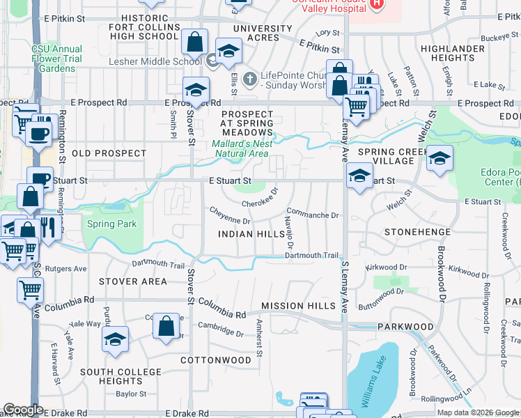 map of restaurants, bars, coffee shops, grocery stores, and more near 805 Cheyenne Drive in Fort Collins