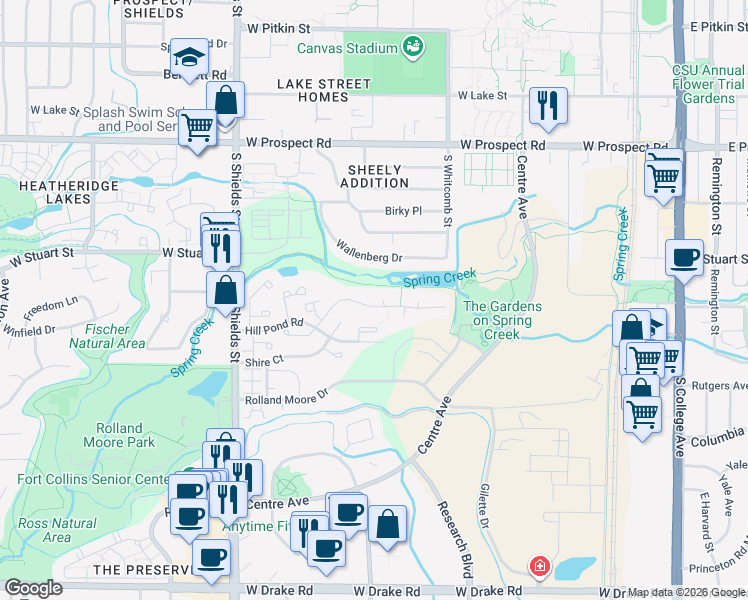 map of restaurants, bars, coffee shops, grocery stores, and more near 700 Shadowmere Court in Fort Collins