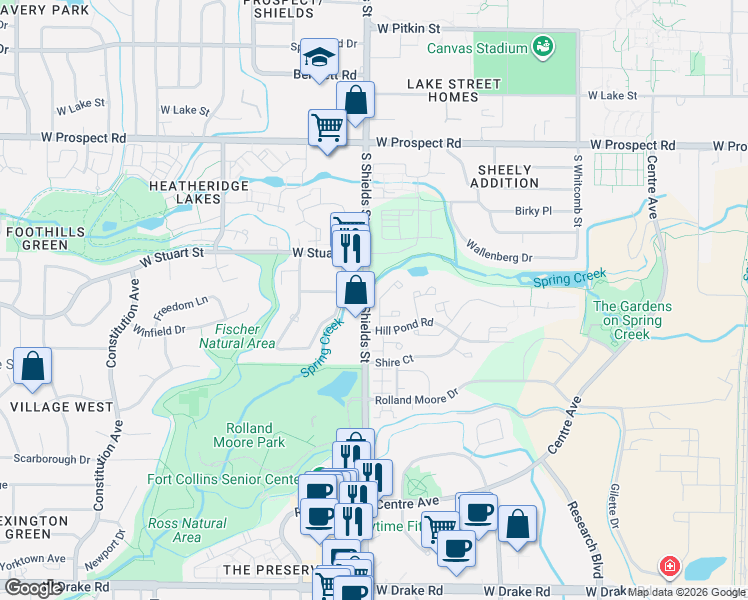 map of restaurants, bars, coffee shops, grocery stores, and more near in Fort Collins