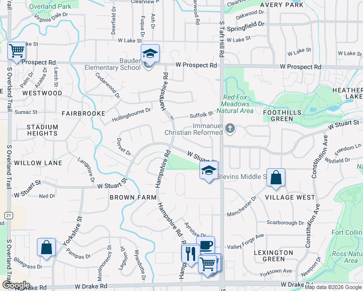map of restaurants, bars, coffee shops, grocery stores, and more near 2249 West Stuart Street in Fort Collins