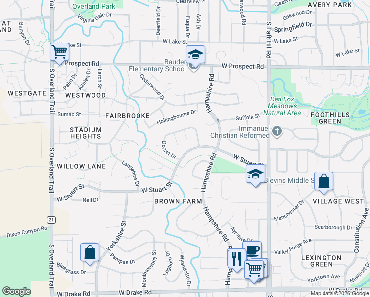 map of restaurants, bars, coffee shops, grocery stores, and more near 2442 West Stuart Street in Fort Collins