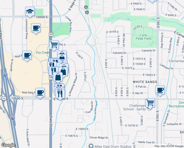 map of restaurants, bars, coffee shops, grocery stores, and more near 10462 South Sandy Sage Way in Sandy