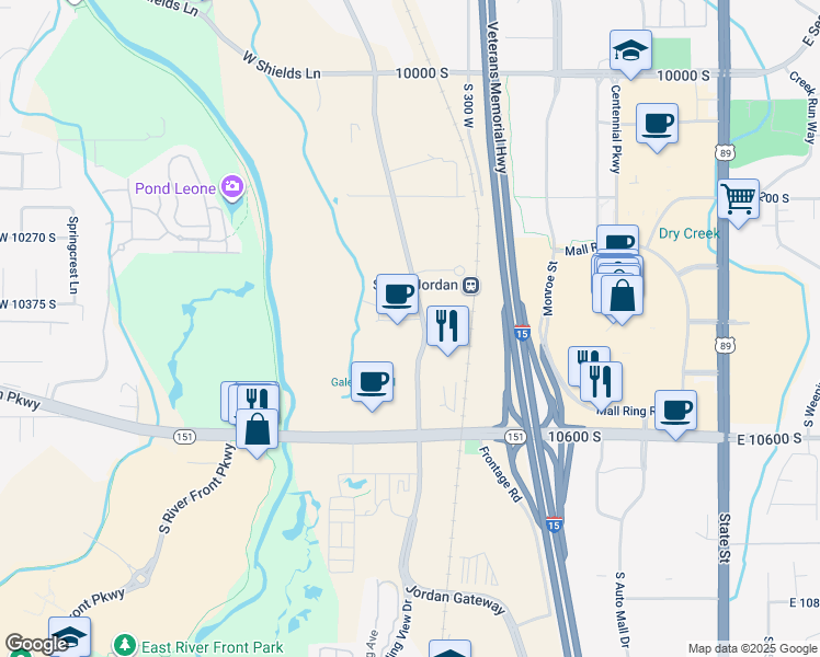 map of restaurants, bars, coffee shops, grocery stores, and more near 10428 South Jordan Gateway in South Jordan