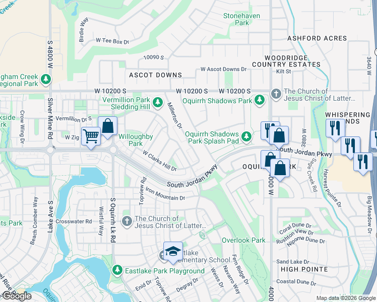 map of restaurants, bars, coffee shops, grocery stores, and more near 10436 Millerton Drive in South Jordan