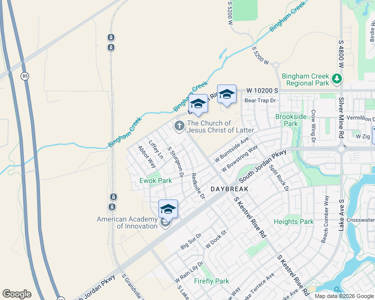 map of restaurants, bars, coffee shops, grocery stores, and more near 10436 Redknife Drive in South Jordan