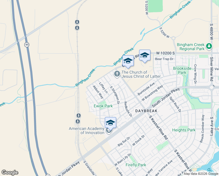 map of restaurants, bars, coffee shops, grocery stores, and more near 5412 West Copper Needle Way in South Jordan