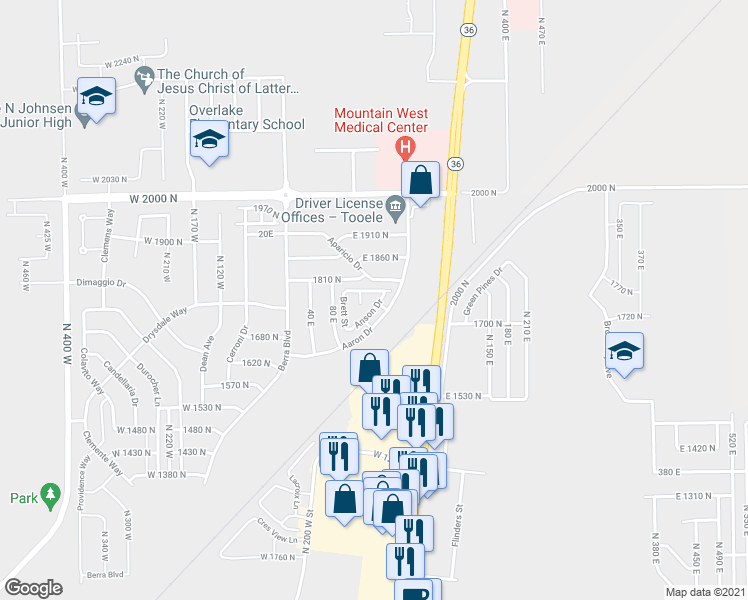 map of restaurants, bars, coffee shops, grocery stores, and more near 1753 Aaron Drive in Tooele