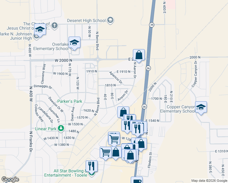 map of restaurants, bars, coffee shops, grocery stores, and more near 1742 Brett Street in Tooele