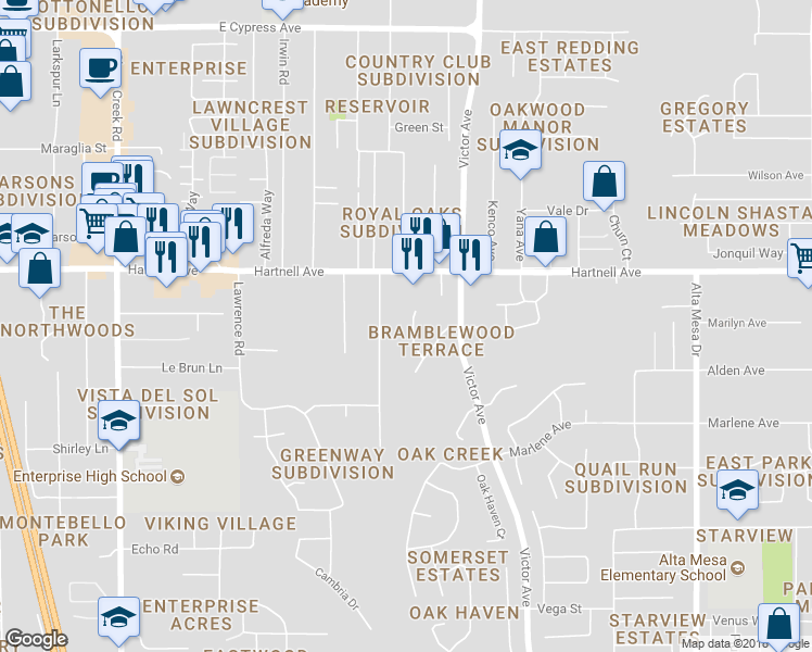 map of restaurants, bars, coffee shops, grocery stores, and more near 3064 Catalpa Court in Redding