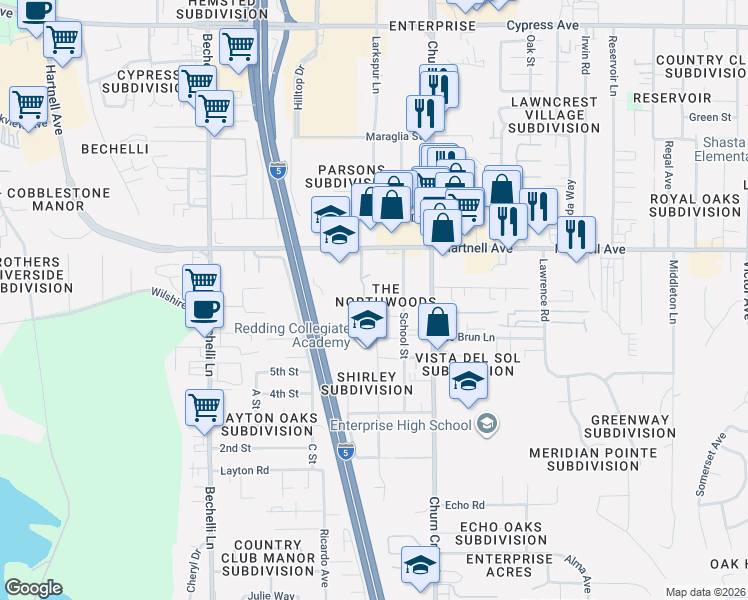 map of restaurants, bars, coffee shops, grocery stores, and more near 3158 School Street in Redding