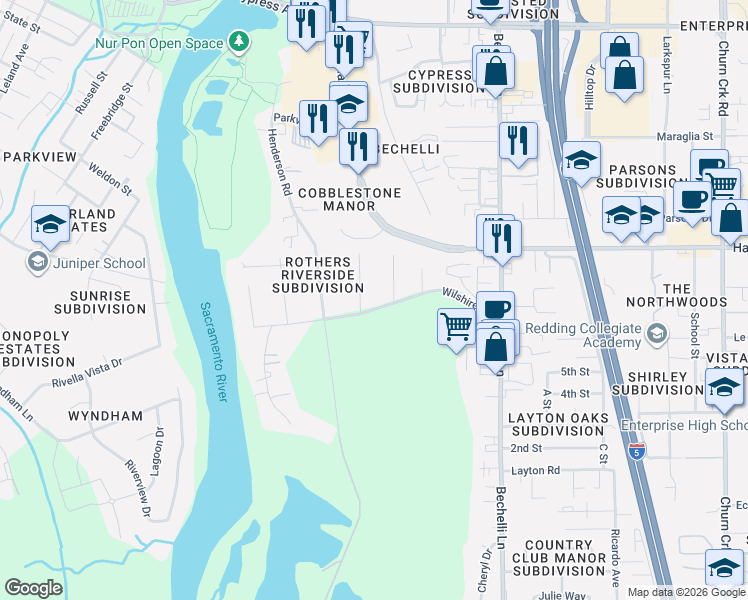 map of restaurants, bars, coffee shops, grocery stores, and more near 221-269 Wilshire Dr in Redding