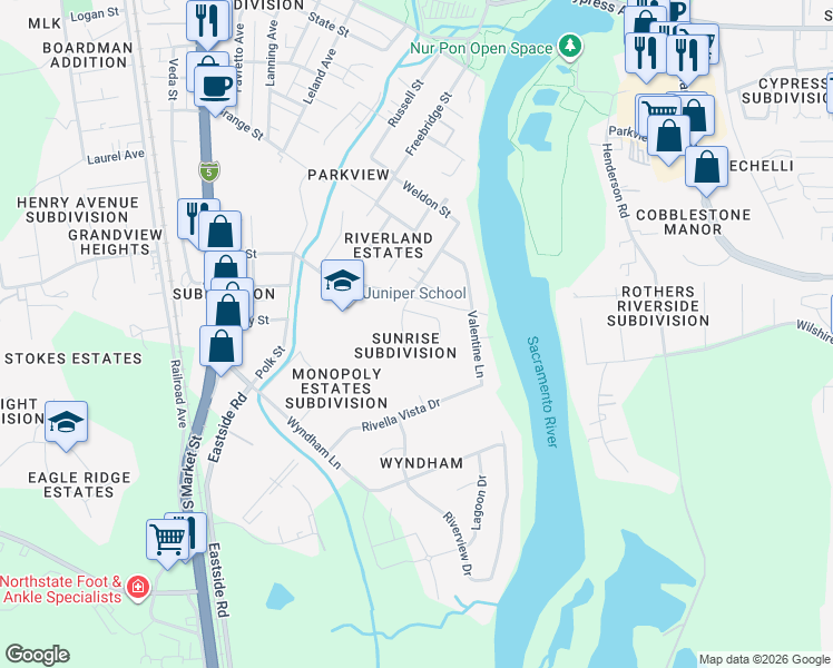 map of restaurants, bars, coffee shops, grocery stores, and more near 3122 Dove St in Redding