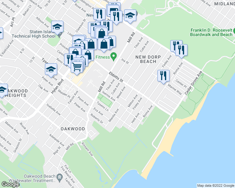 map of restaurants, bars, coffee shops, grocery stores, and more near 71 Isernia Avenue in Staten Island