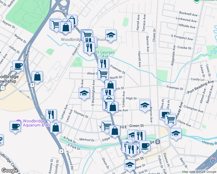 map of restaurants, bars, coffee shops, grocery stores, and more near 206 Church Street in Woodbridge Township