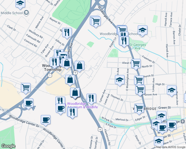 map of restaurants, bars, coffee shops, grocery stores, and more near 80 Golden Square Court in Woodbridge Township