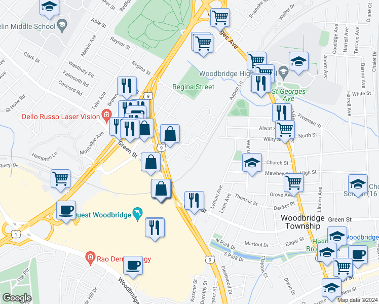 map of restaurants, bars, coffee shops, grocery stores, and more near 80 Golden Square Court in Woodbridge Township