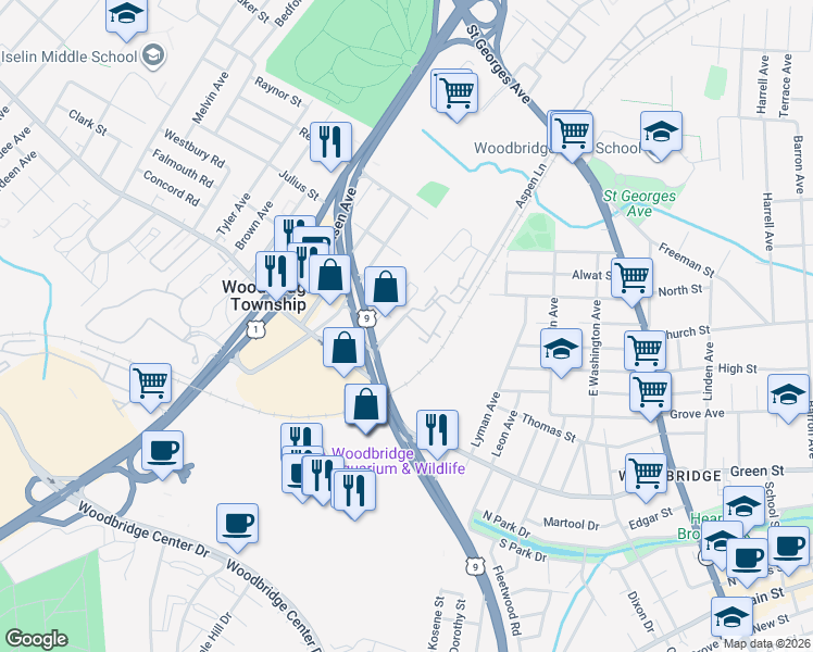 map of restaurants, bars, coffee shops, grocery stores, and more near 1480 U.S. 9 in Woodbridge Township