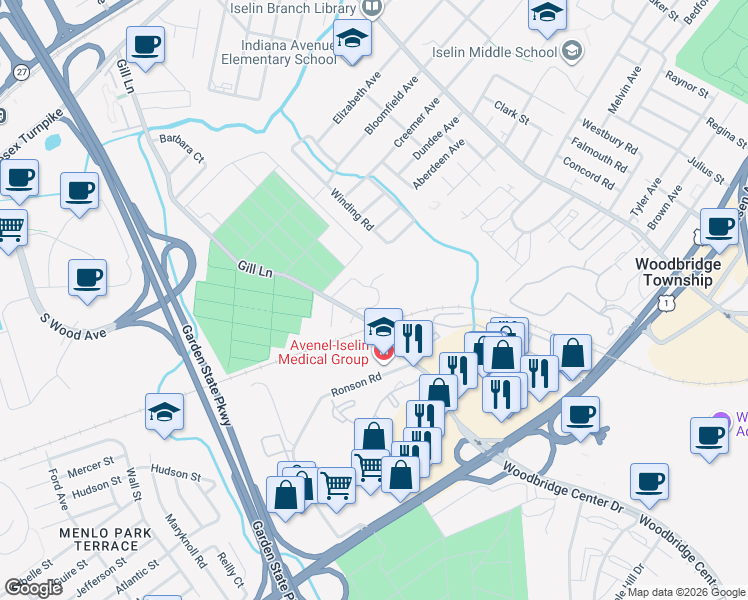 map of restaurants, bars, coffee shops, grocery stores, and more near 327-399 Gill Lane in Woodbridge Township