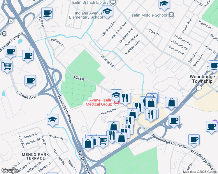 map of restaurants, bars, coffee shops, grocery stores, and more near 324 Gill Lane in Woodbridge Township