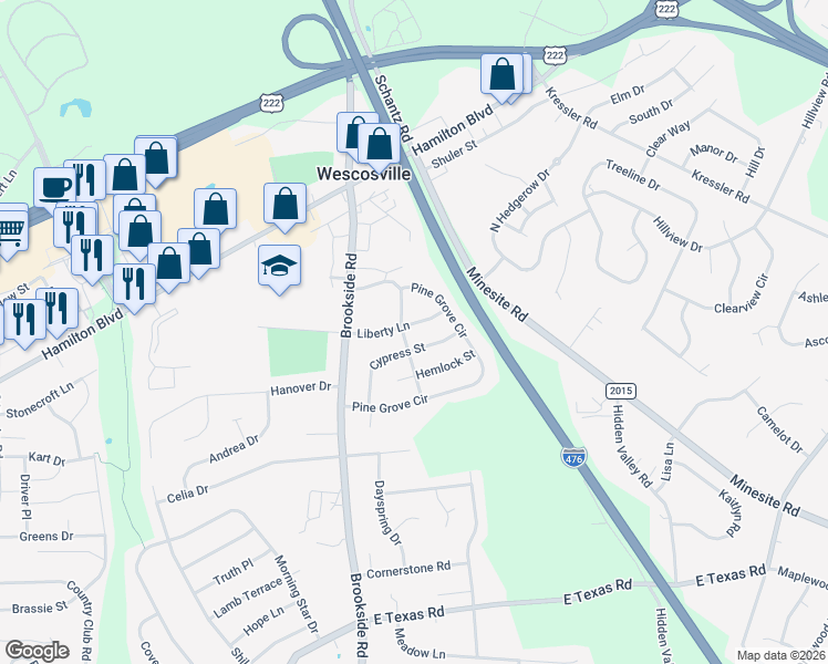 map of restaurants, bars, coffee shops, grocery stores, and more near 4914 Cypress Street in Wescosville