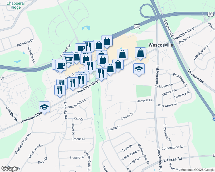 map of restaurants, bars, coffee shops, grocery stores, and more near 105 Village Round in Allentown