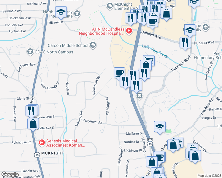 map of restaurants, bars, coffee shops, grocery stores, and more near 8270 Fox Ridge Road in Pittsburgh