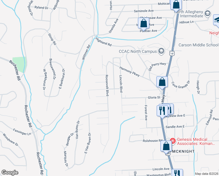 map of restaurants, bars, coffee shops, grocery stores, and more near 8690 Roosevelt Boulevard in Pittsburgh