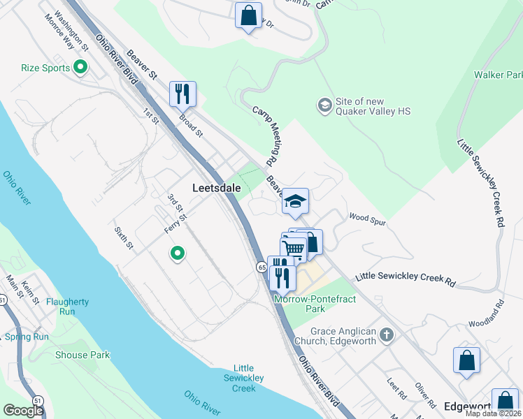 map of restaurants, bars, coffee shops, grocery stores, and more near 147 Victory Lane in Leetsdale