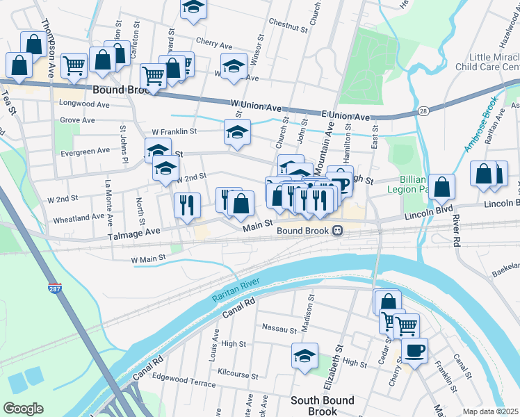 map of restaurants, bars, coffee shops, grocery stores, and more near 22 Talmage Avenue in Bound Brook