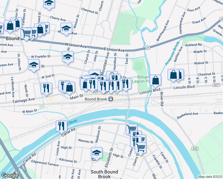 map of restaurants, bars, coffee shops, grocery stores, and more near in Bound Brook