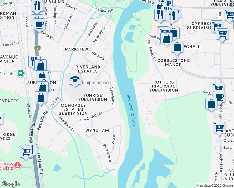 map of restaurants, bars, coffee shops, grocery stores, and more near 3145 Valentine Lane in Redding