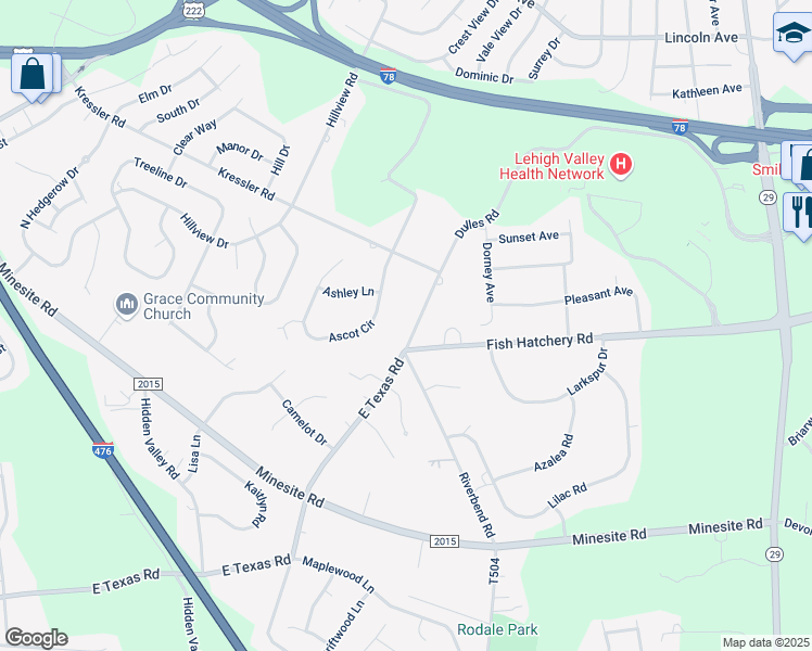 map of restaurants, bars, coffee shops, grocery stores, and more near 4101 East Texas Road in Allentown