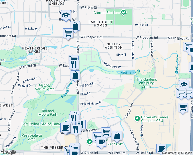 map of restaurants, bars, coffee shops, grocery stores, and more near 910 Hill Pond Road in Fort Collins