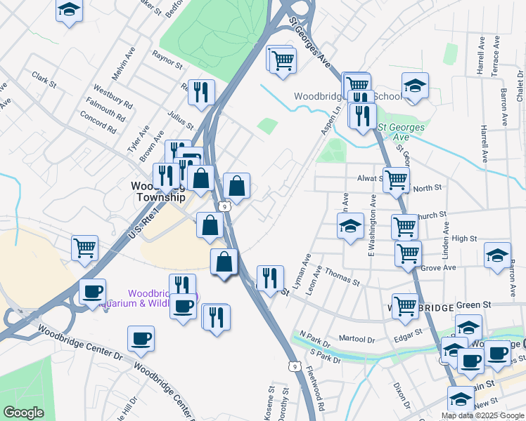 map of restaurants, bars, coffee shops, grocery stores, and more near 37 Powderhorn Court in Woodbridge Township