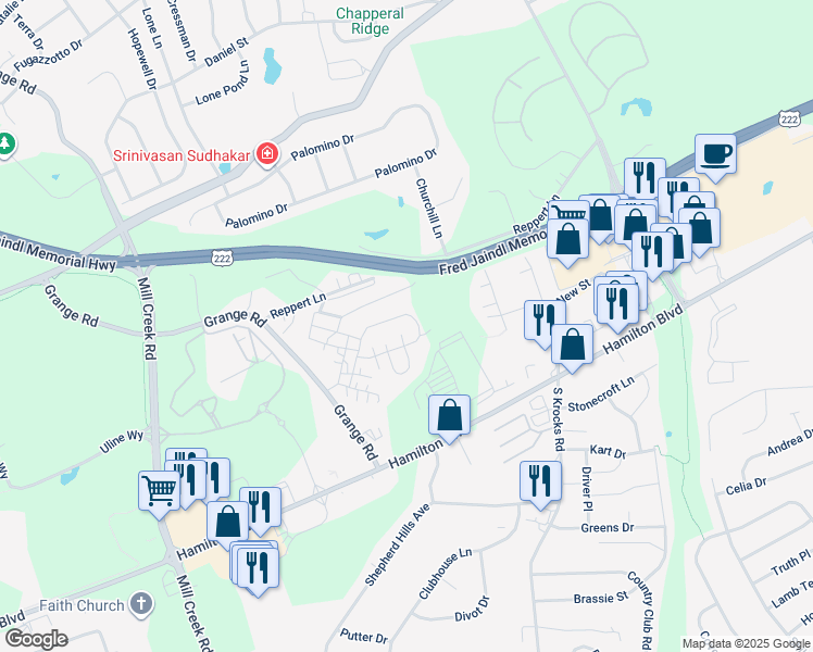 map of restaurants, bars, coffee shops, grocery stores, and more near 1170 Grange Road in Allentown
