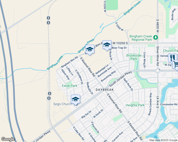 map of restaurants, bars, coffee shops, grocery stores, and more near 10426 South Kestrel Rise Road in South Jordan