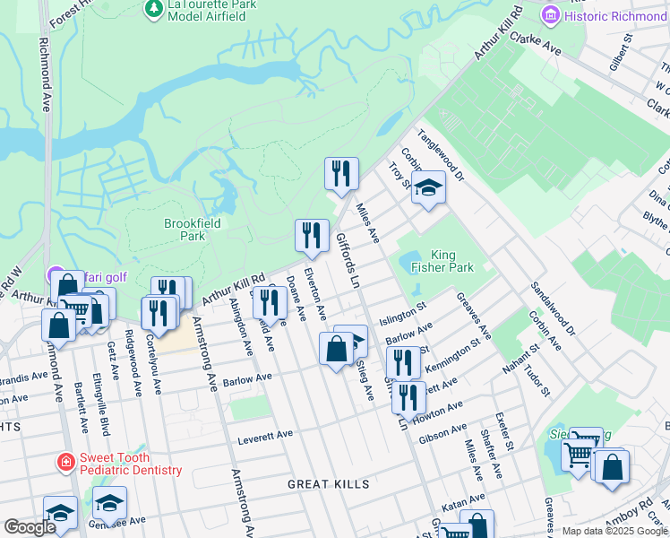 map of restaurants, bars, coffee shops, grocery stores, and more near 105 Pemberton Avenue in Staten Island