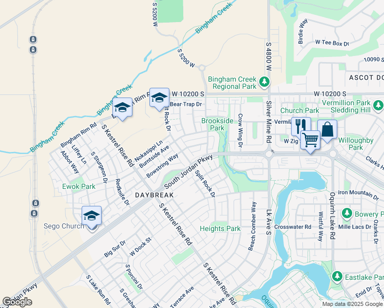 map of restaurants, bars, coffee shops, grocery stores, and more near 10457 South Split Rock Drive in South Jordan
