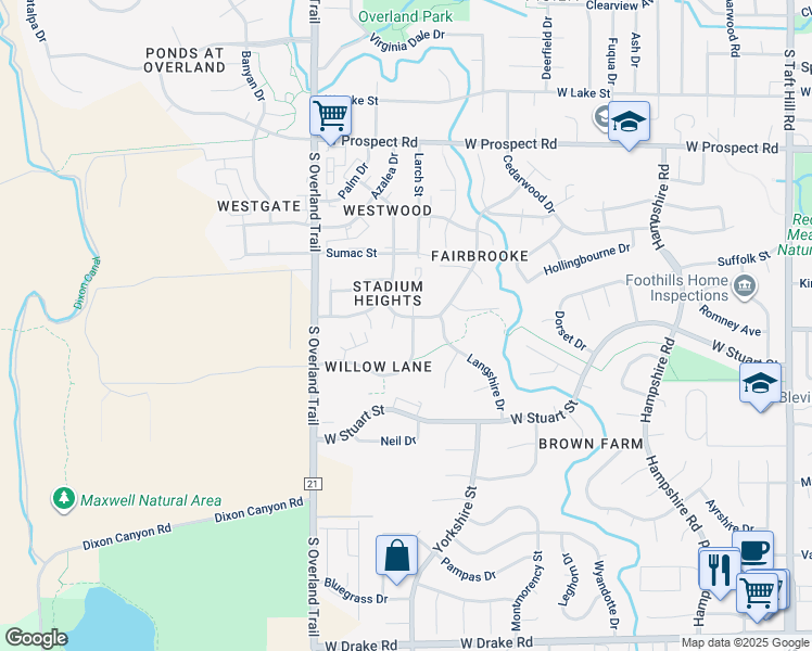 map of restaurants, bars, coffee shops, grocery stores, and more near 2901 Somerville Drive in Fort Collins